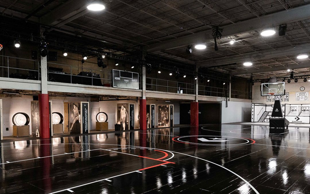 Photo of a black basketball court at the Converse NBA all star event